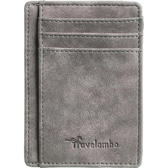Grey Front Pocket Minimalist Leather Slim Wallet RFID Blocking Medium Size - Picture 3 of 4